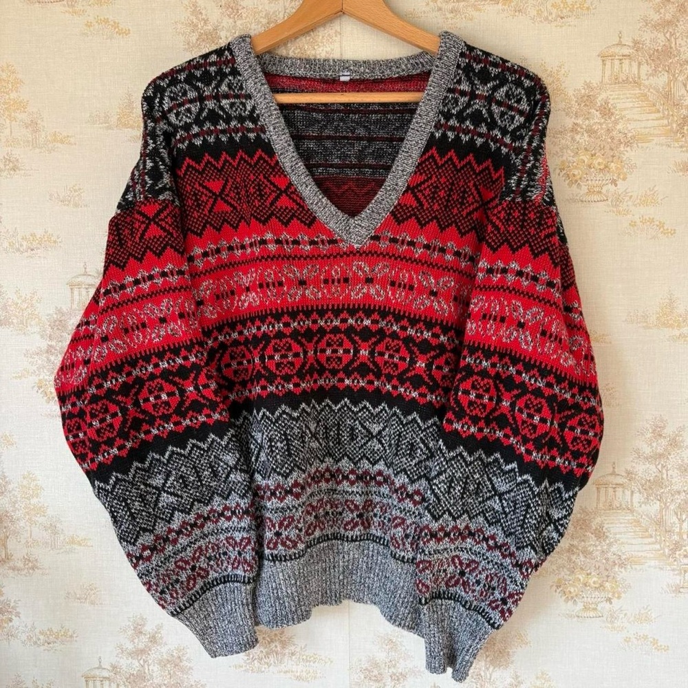 Vintage red and gray Nordic fair isle knit v neck grandpa sweater